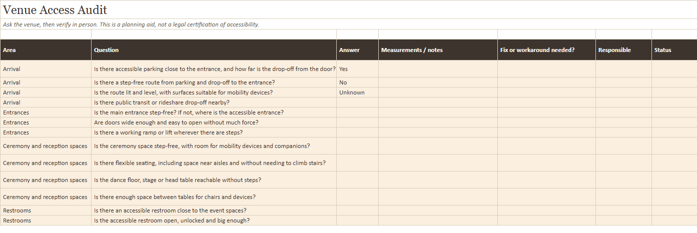 Preview of a sheet in Accessible and Inclusive Wedding Planning Kit