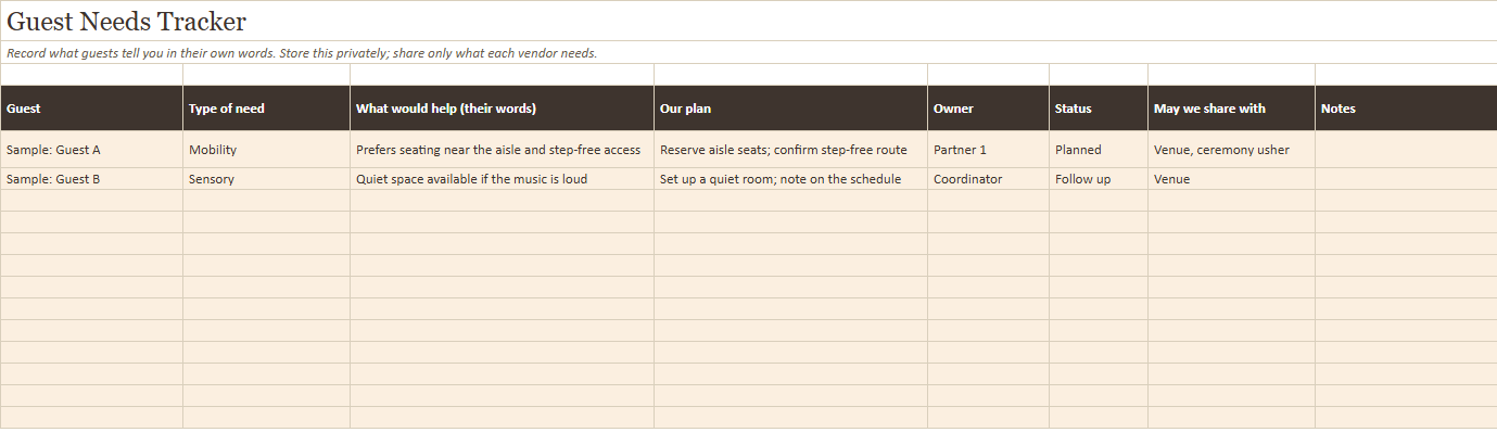 Preview of a sheet in Accessible and Inclusive Wedding Planning Kit