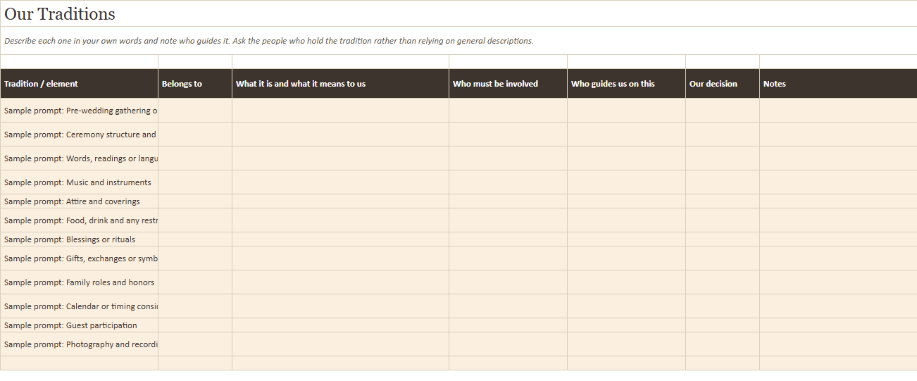 Preview of a sheet in Cultural and Interfaith Wedding Planner