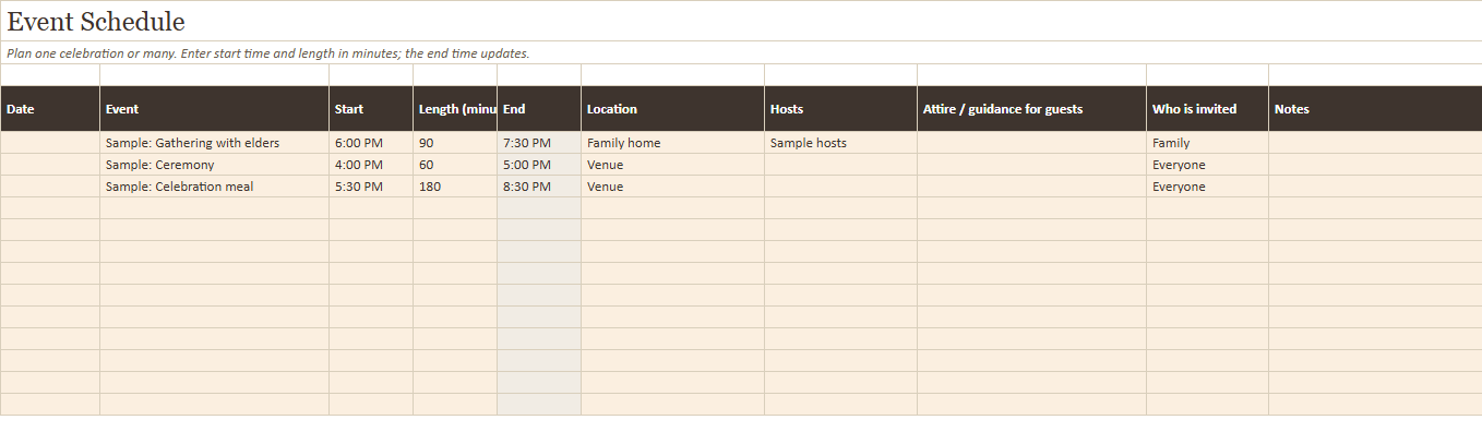 Preview of a sheet in Cultural and Interfaith Wedding Planner
