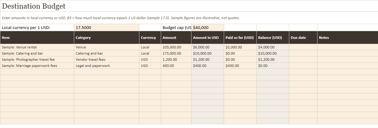 Preview of a sheet in Destination Wedding Planner