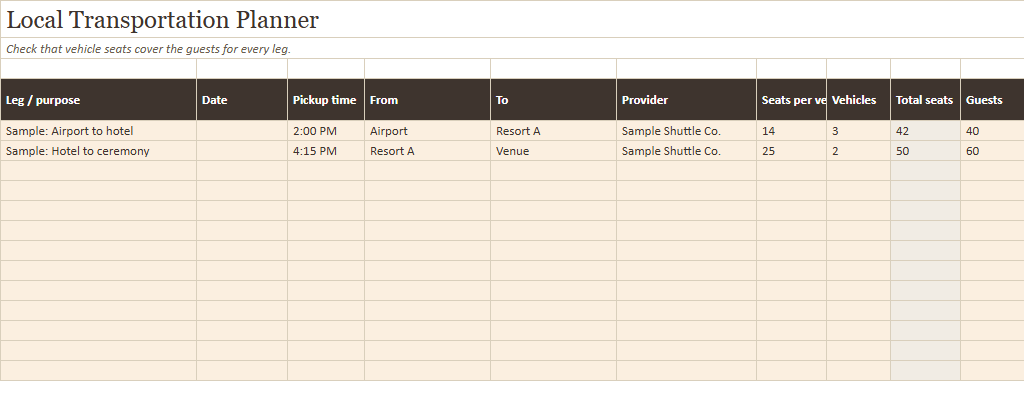 Preview of a sheet in Destination Wedding Planner