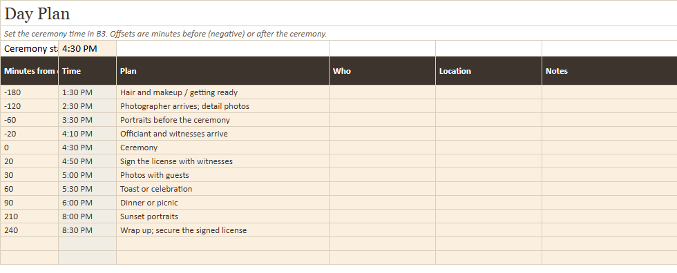Preview of a sheet in Elopement and Micro Wedding Planner