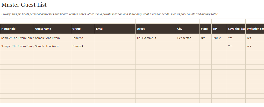 Preview of a sheet in Guest List and RSVP Tracker