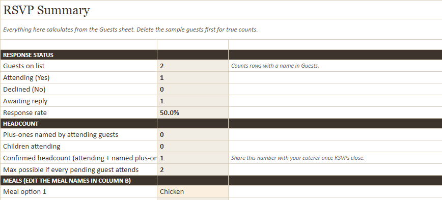 Preview of a sheet in Guest List and RSVP Tracker