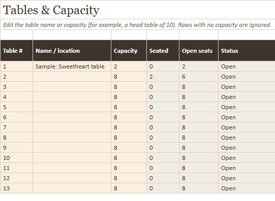 Preview of a sheet in Wedding Seating Chart Spreadsheet