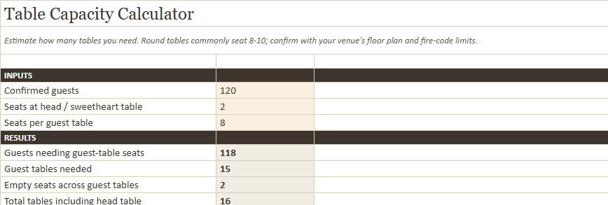 Preview of a sheet in Wedding Seating Chart Spreadsheet