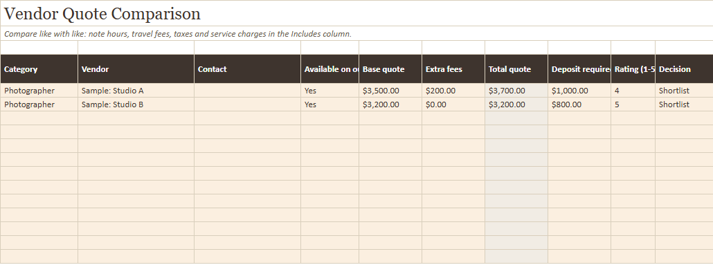 Preview of a sheet in Vendor Comparison and Payment Tracker