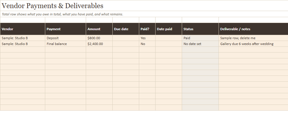 Preview of a sheet in Vendor Comparison and Payment Tracker