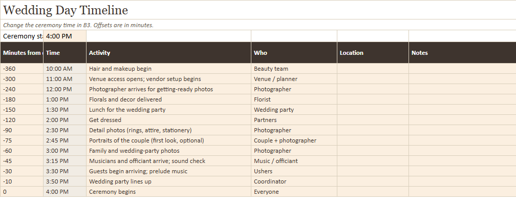Preview of a sheet in Wedding Day Timeline Planner