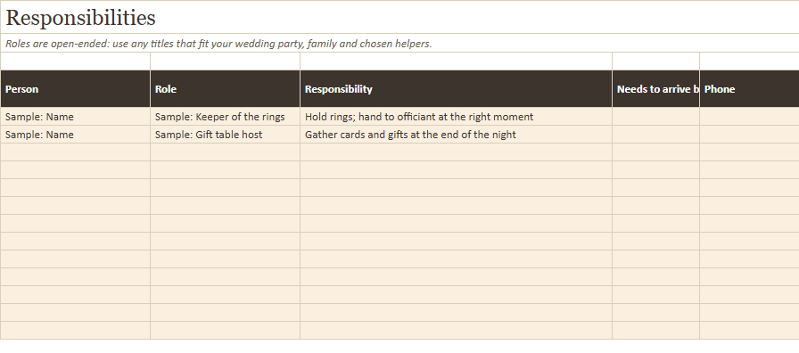 Preview of a sheet in Wedding Day Timeline Planner