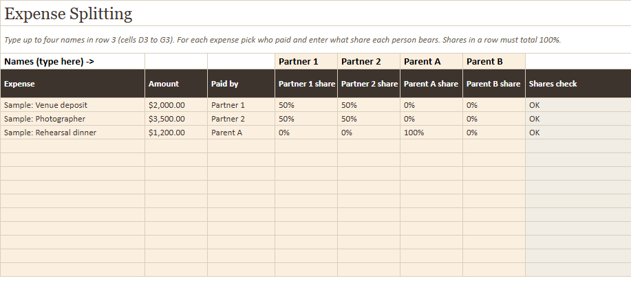 Preview of a sheet in Wedding Money Add-Ons: Tipping, Splitting and Contributions