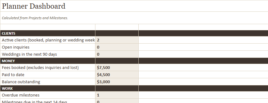 Preview of a sheet in Wedding Planner Professional Toolkit