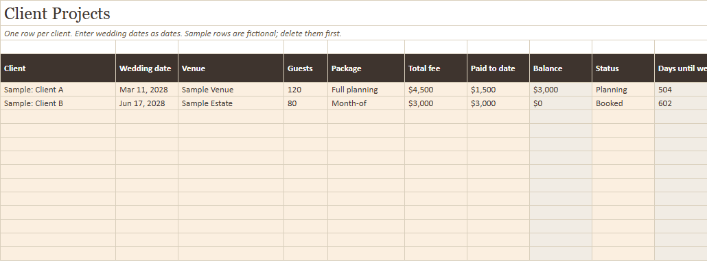 Preview of a sheet in Wedding Planner Professional Toolkit