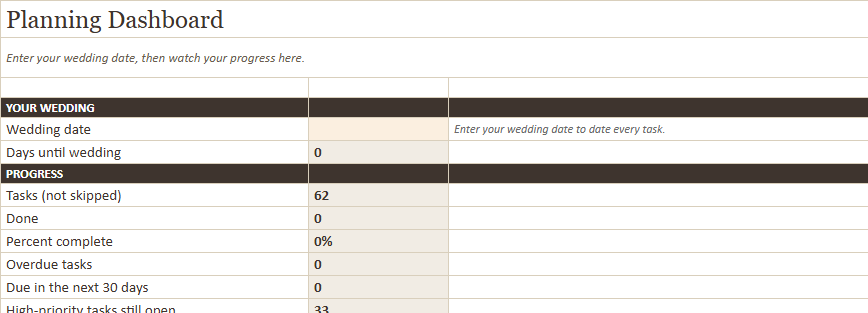 Preview of a sheet in Wedding Planning Master Checklist