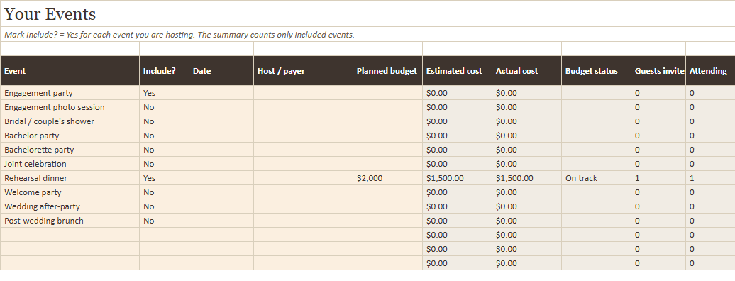 Preview of a sheet in Wedding Weekend and Related Events Planner