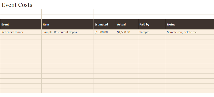 Preview of a sheet in Wedding Weekend and Related Events Planner