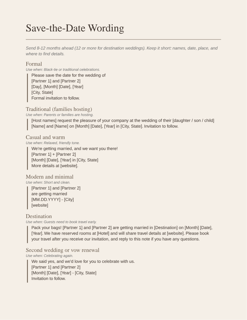 Preview of a sheet in Wedding Wording and Email Template Pack